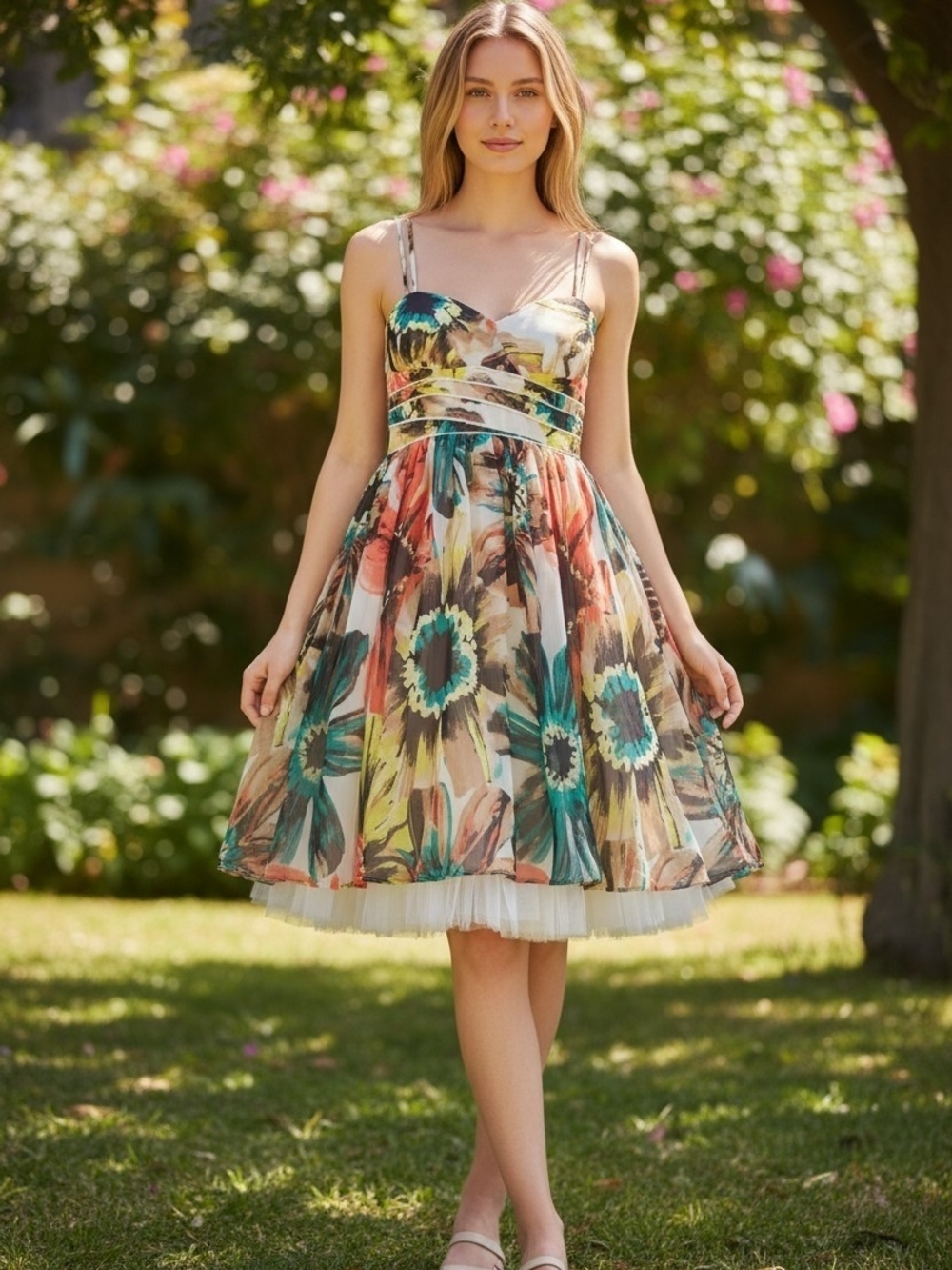 XOXO Floral-print Dress With Vibrant Colorful Skirt  a Petticoat Stretchy Back L